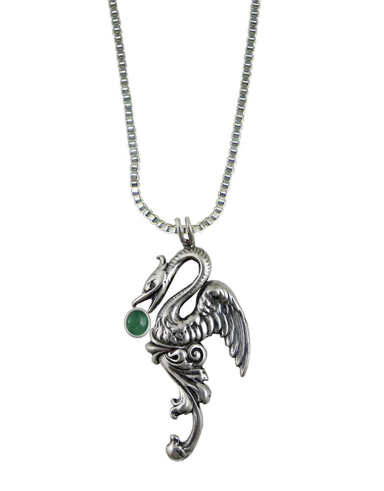 Sterling Silver Medieval Phoenix Sun Bird Pendant With Jade